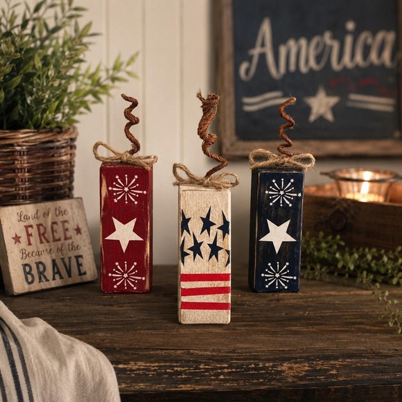 Other - Patriotic Wooden Firecracker Blocks 4th of July Americana Tiered Tray Decor Set